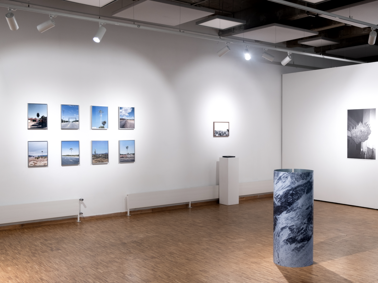 untitled (estaciones radioeléctricas camuflajeadas), installation view at Goethe-Institut Paris, exhibition PARASITES: the eight works hung in two rows of four